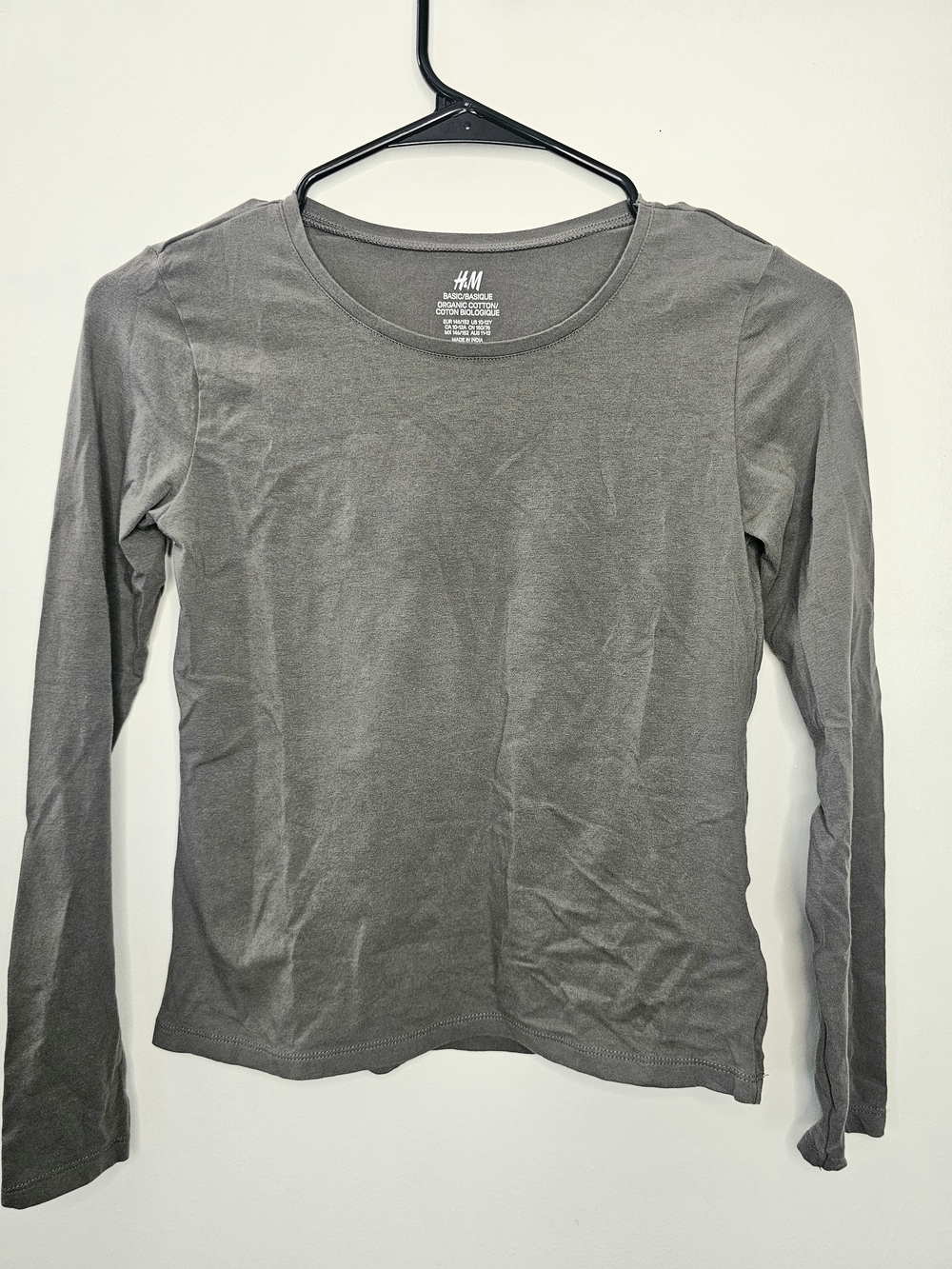H&M Basic Organic Cotton Gray Long Sleeve Tee Girls 10-12Y Stretch Top